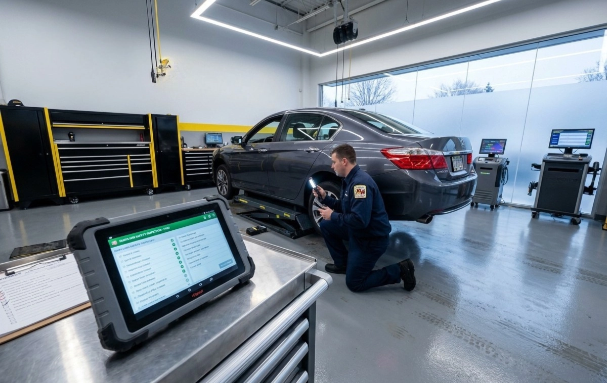 Technician inspecting a gray sedan on a vehicle lift inside a modern auto workshop, with a diagnostic tablet.