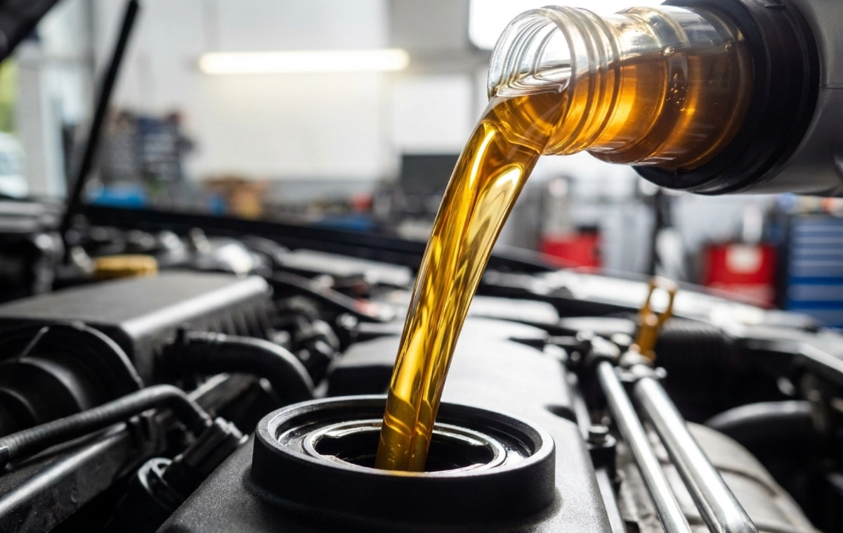 New, golden engine oil being poured into an engine.