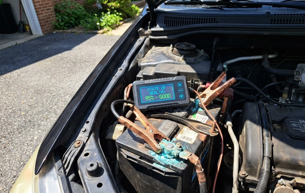 A digital battery tester connected to a car battery under the hood.
