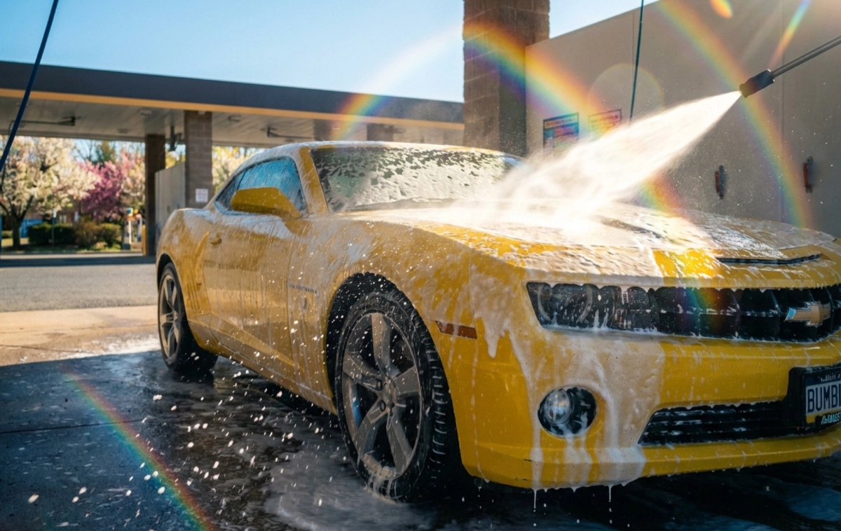 A car covered in thick white soap suds during a high-pressure wash.