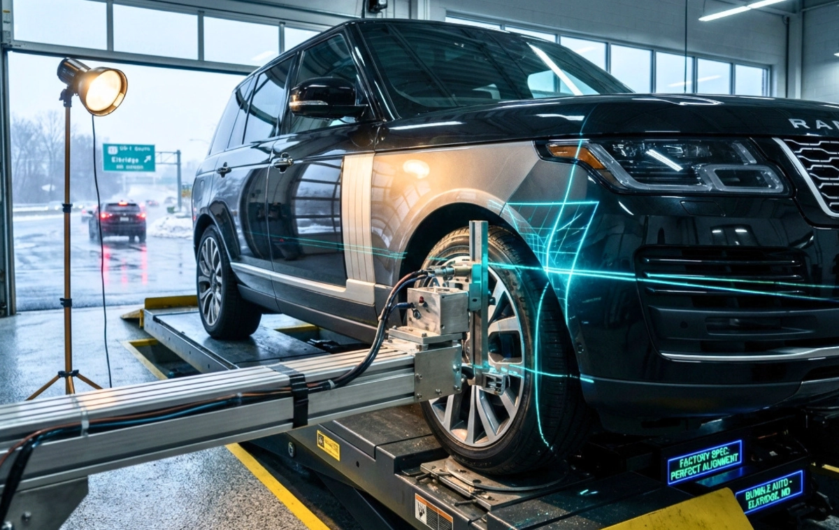 A modern luxury SUV undergoing high-precision frame alignment with a luminous digital laser grid