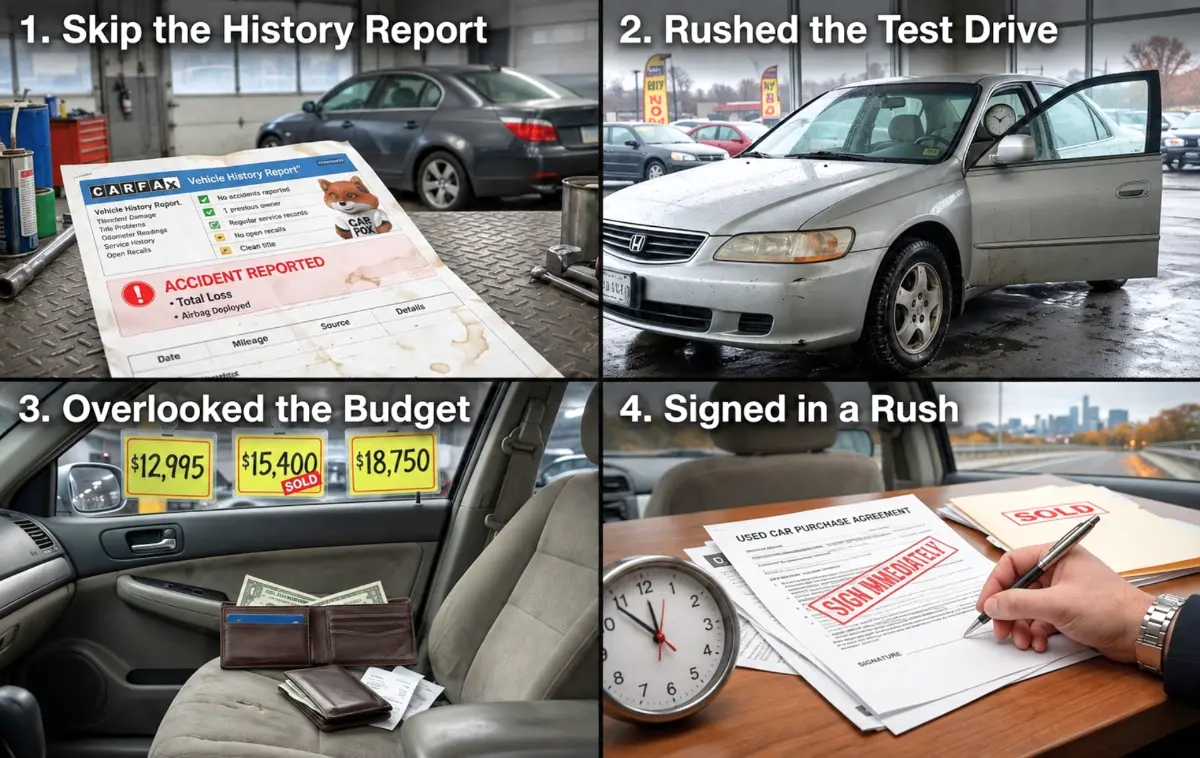An array of visual vignettes representing common mistakes when buying a used car.