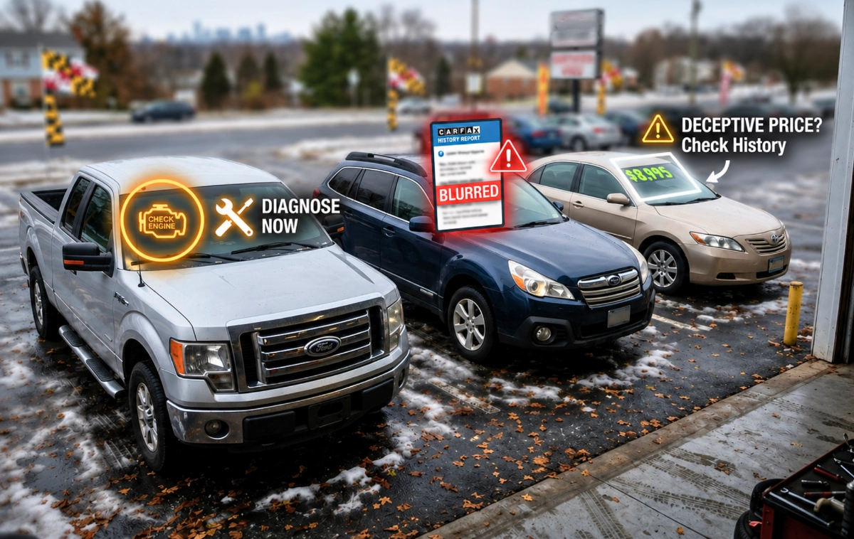 Three used vehicles arranged for comparison, with graphical overlays highlighting common pitfalls.
