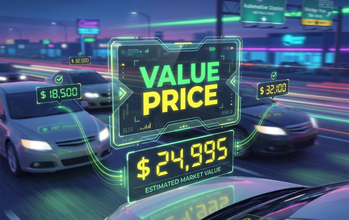 Digital price tags floating over vehicle hoods showing 'Value Price'.
