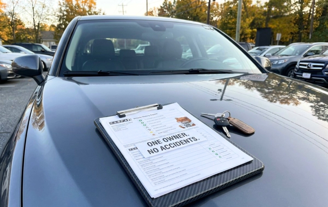 Vehicle history report on a clipboard and a set of keys resting on the hood of a gray car.