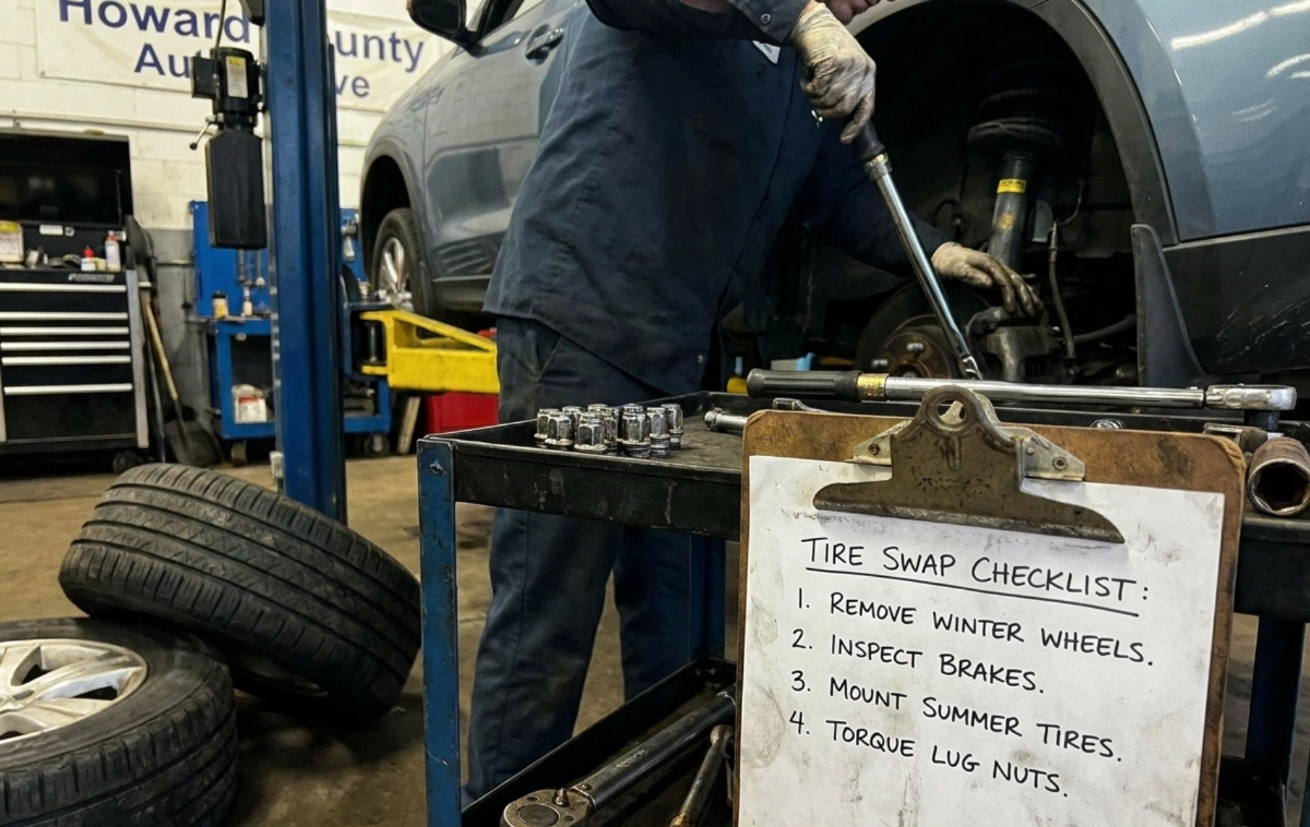 A car being prepped for a winter-to-summer tire swap