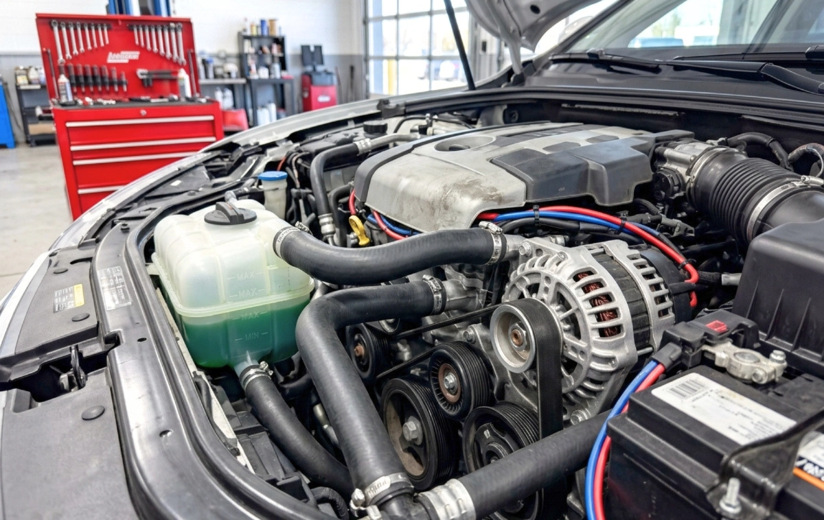 A detailed view of a car engine bay, focusing on healthy belts, hoses, and coolant reservoir.
