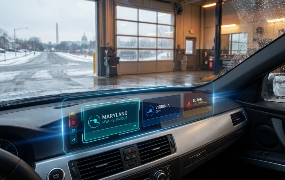 A futuristic 3D digital holographic interface displaying interactive Maryland MVA, Virginia DMV, and DC DMV title portals.