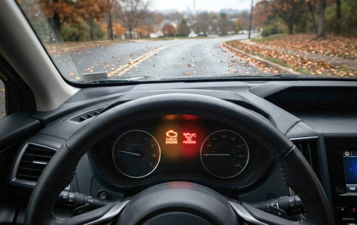 A modern car's dashboard, with a critical 'Check Engine' warning light or 'Oil Pressure' light illuminated intensely.