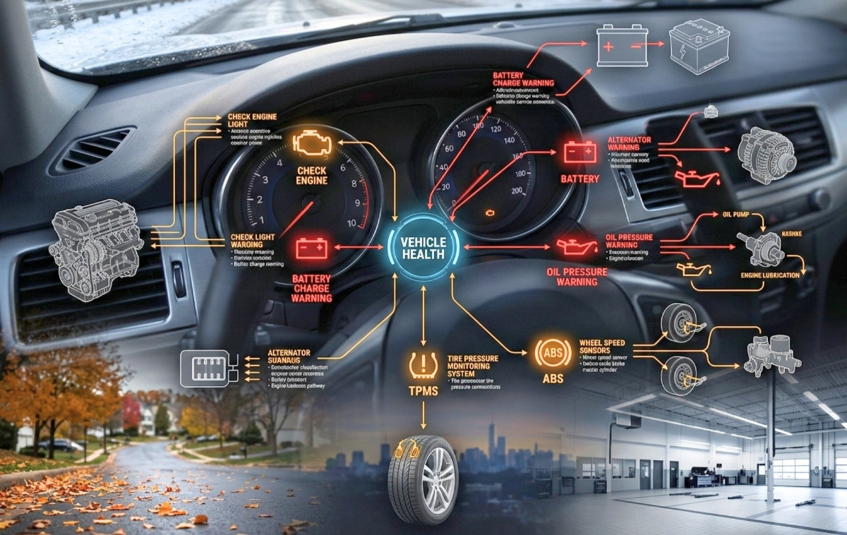 A detailed, realistic infographic showcasing a car dashboard with illuminated warning lights.