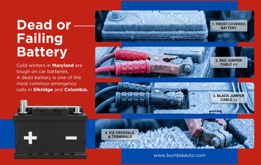 Frost-covered car battery with jumper cables