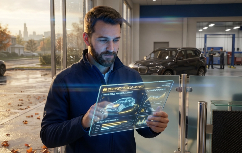 A professional auto repair specialist presenting a high-tech glowing digital VIN report on a sleek glass tablet.