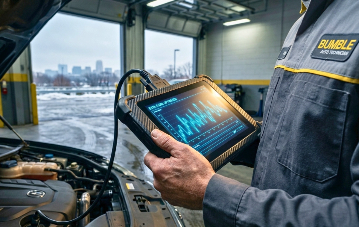 An expert technician in a Bumble Auto uniform using a ruggedized diagnostic tablet