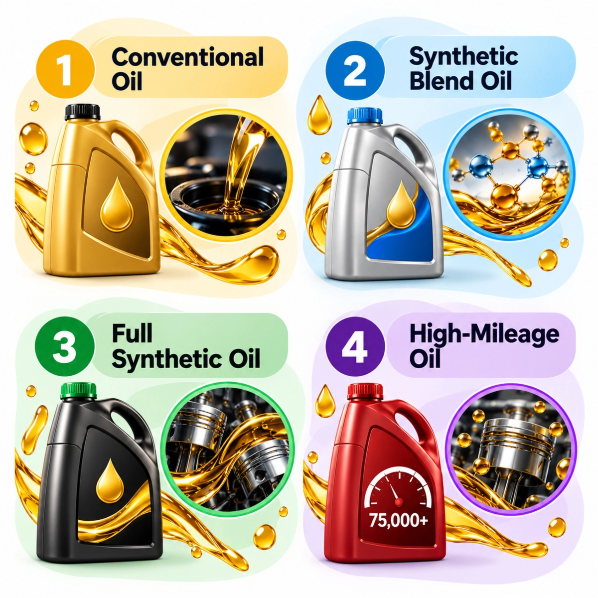 Engine oil infographic showing four types with clear, colorful visual comparisons.