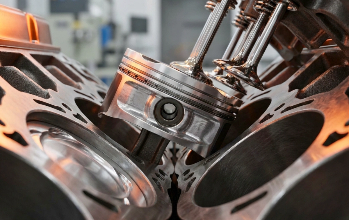 The internal view of a high-performance V8 engine with visible pistons and valves.