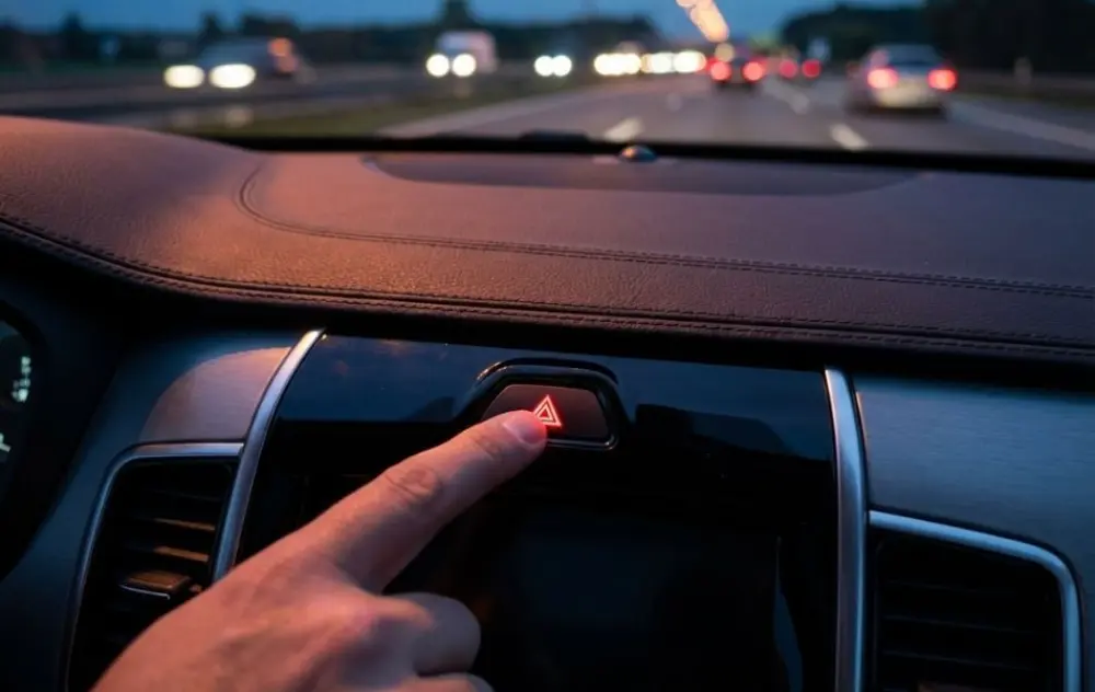 Hand pressing vehicle hazard light button