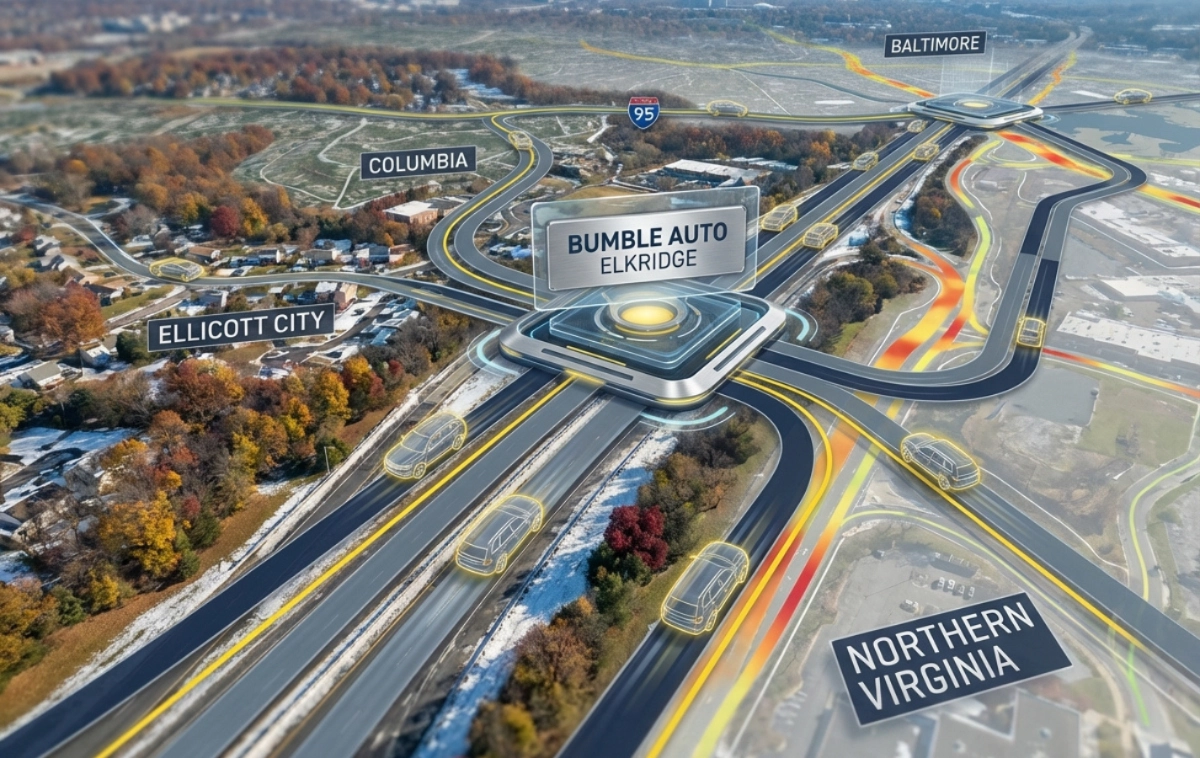 A conceptual central Bumble Auto dealership hub node in Elkridge, and local tags representing Northern VA and DMV corridors.