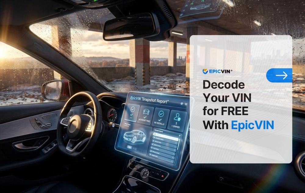 EpicVIN; A sleek, semi-transparent digital tablet displaying a holographic EpicVIN 'Snapshot Report'.