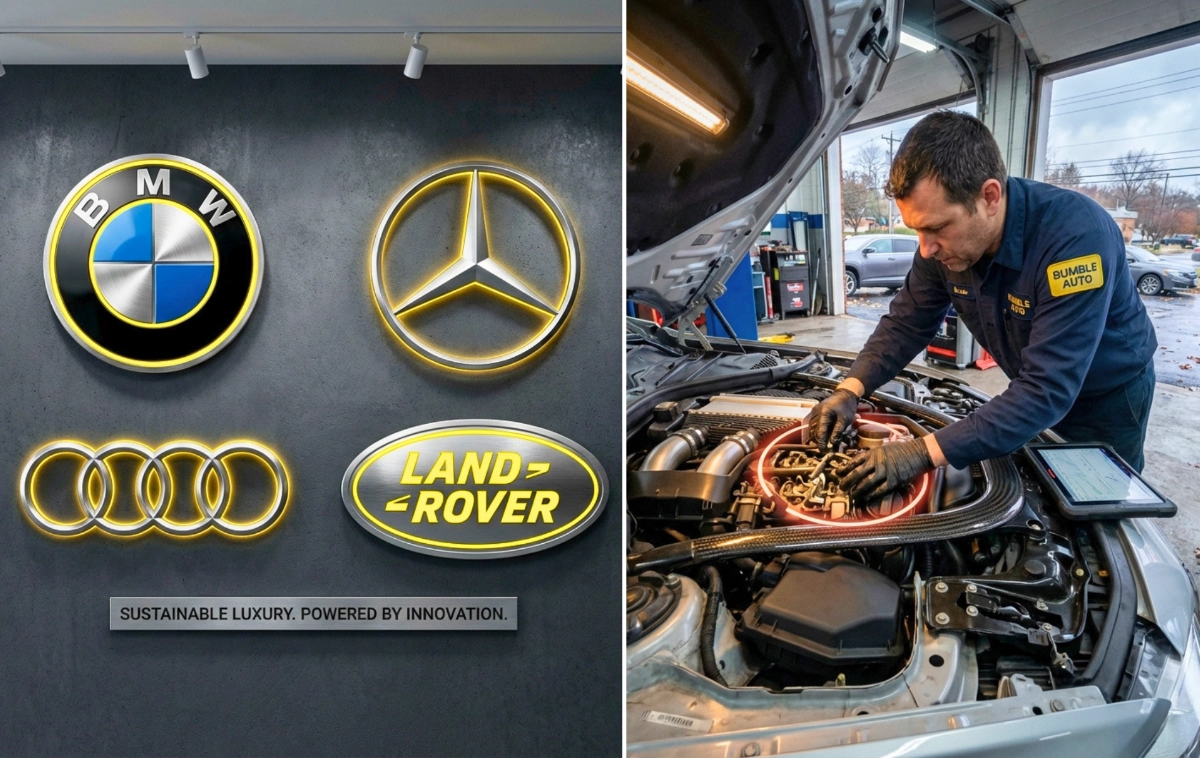 A master technician in a Bumble Auto uniform meticulously inspecting a BMW M-series engine