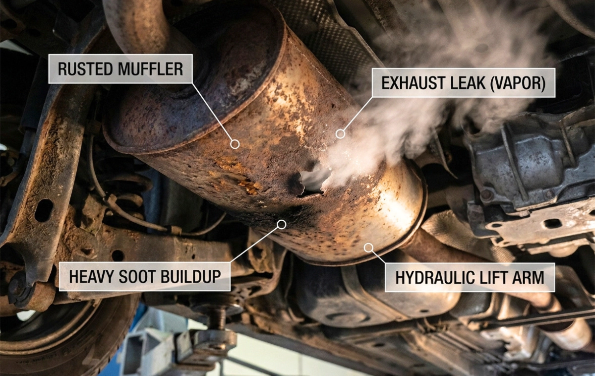 A visual array of exhaust system failure points featuring a rusted-through muffler with a gaping hole.
