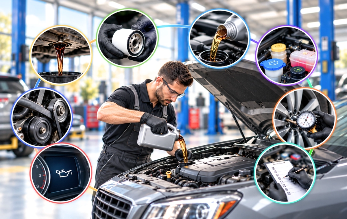 Auto mechanic pouring engine oil into car with circular icons highlighting maintenance inspection steps.