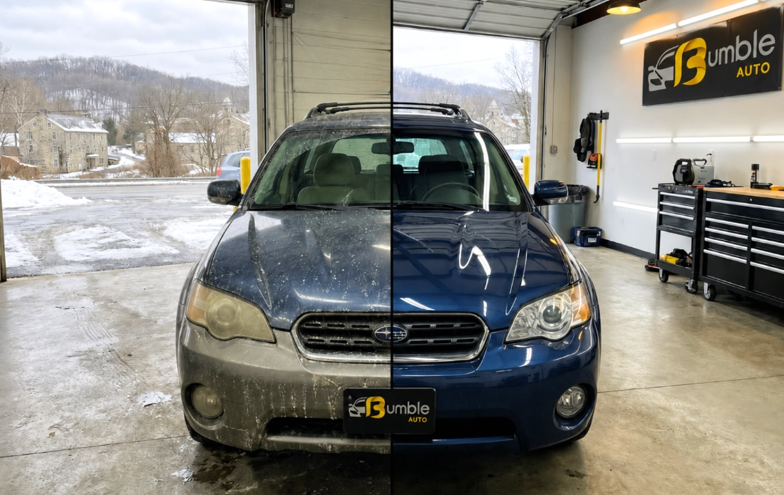Side-by-side comparison of a dirty blue SUV and a cleaned blue SUV, highlighting exterior condition before and after detailing.