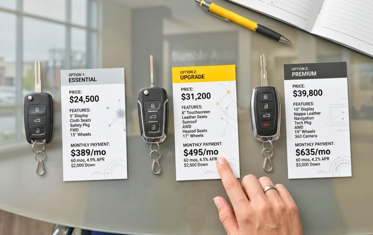 Three car key fobs laid out on a table, each next to a simplified financial summary card.