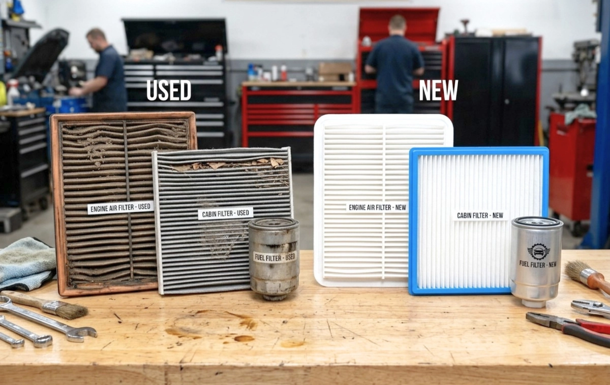 A visually distinct arrangement of new and old car filters side-by-side.