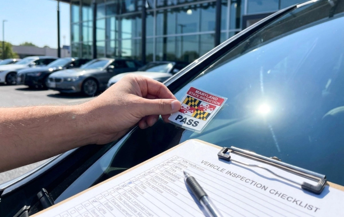 Hand placing a Maryland State Inspection pass sticker on a car windshield next to an inspection checklist.