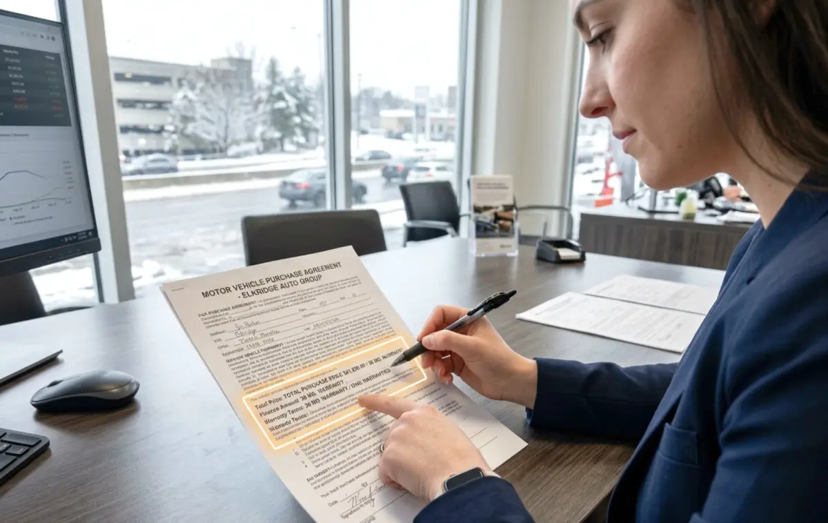 A confident, detail-oriented buyer, focused intently on a car purchase agreement.