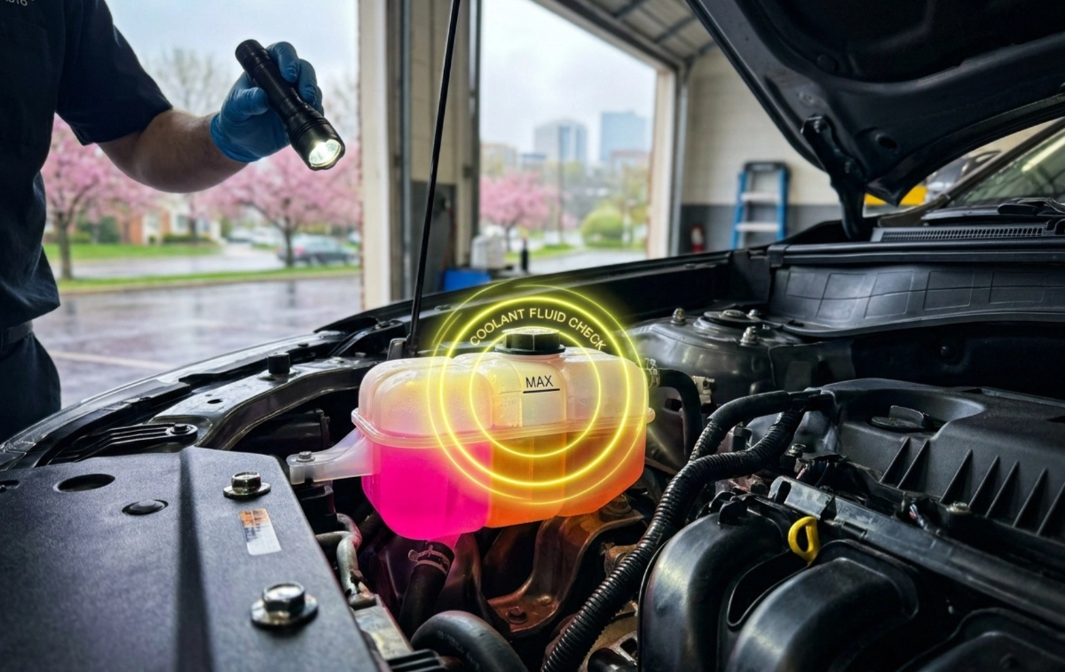 A technician's hand in a professional nitrile glove checking the translucent coolant reservoir.