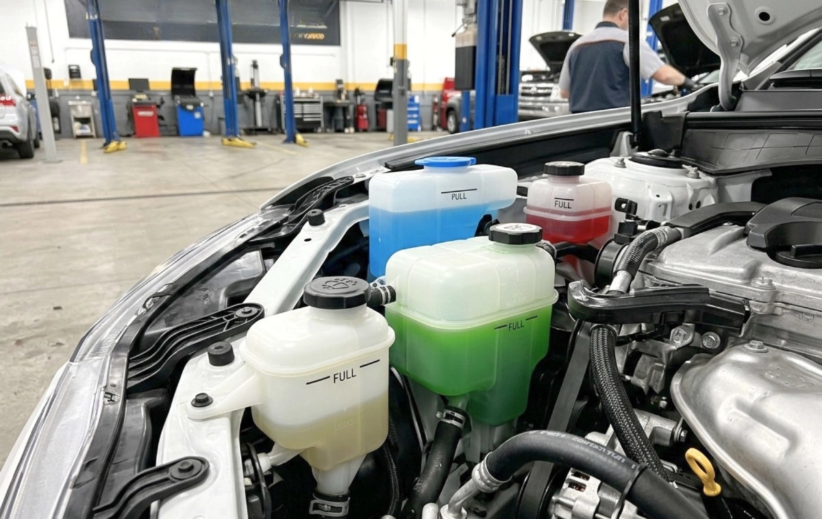 A series of fluid reservoirs under a car's hood, each with a clear indicator of a healthy fluid level.