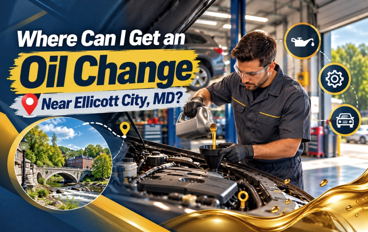 Professional oil change service near Ellicott City with modern automotive design.