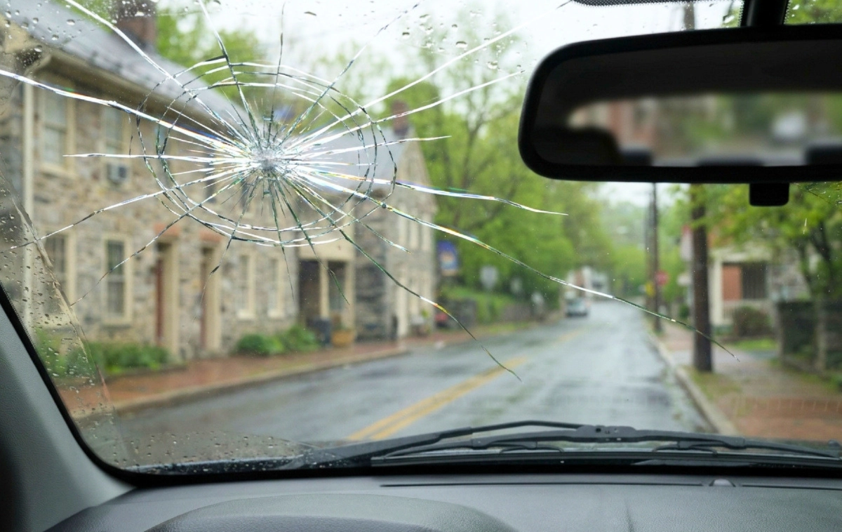 A windshield with a spreading 'spider-web' crack in the driver's line of sight.