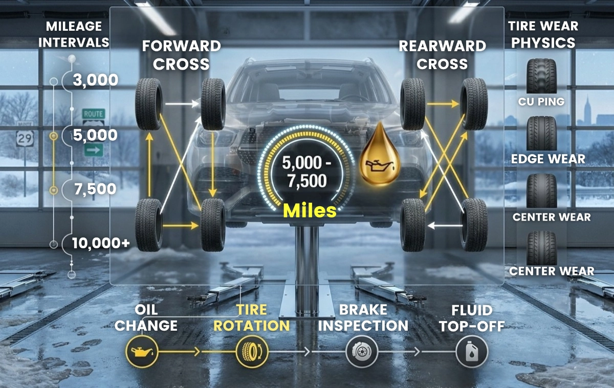 A dense, data-rich infographic featuring a translucent vehicle chassis highlighting tire rotation patterns.