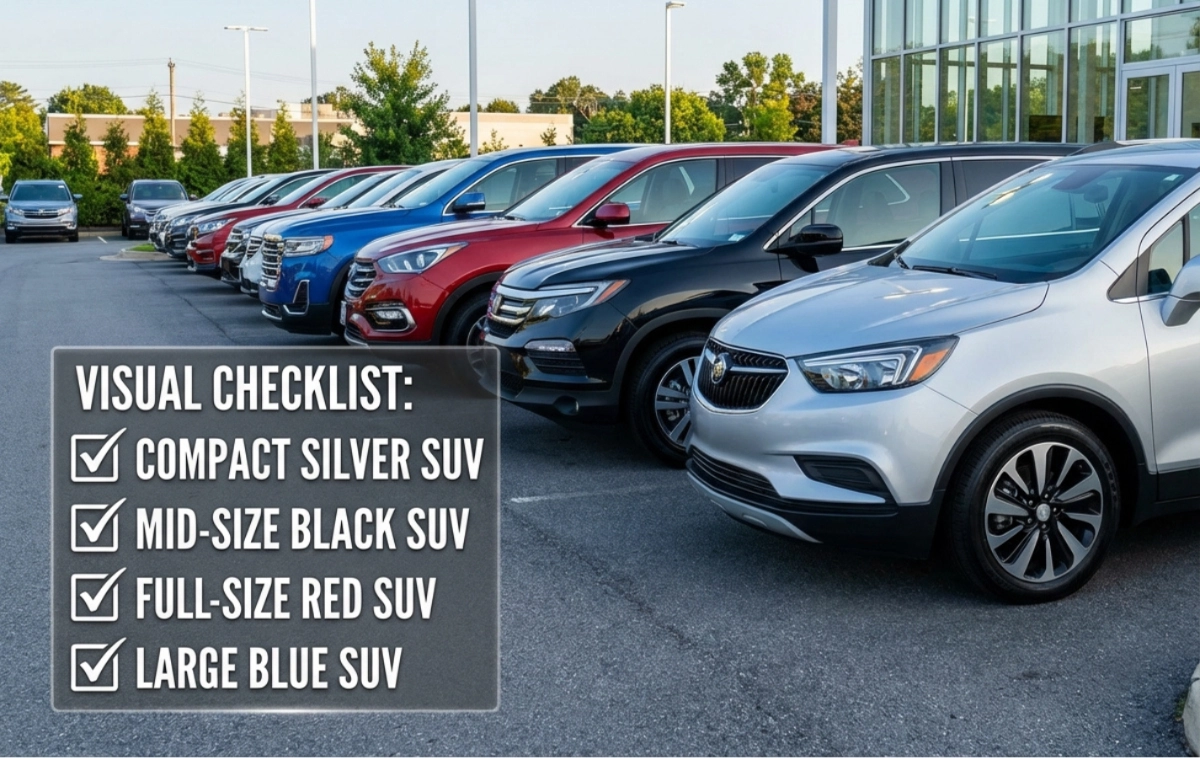 Focus on the various SUVs, with a visual checklist of different SUV types.