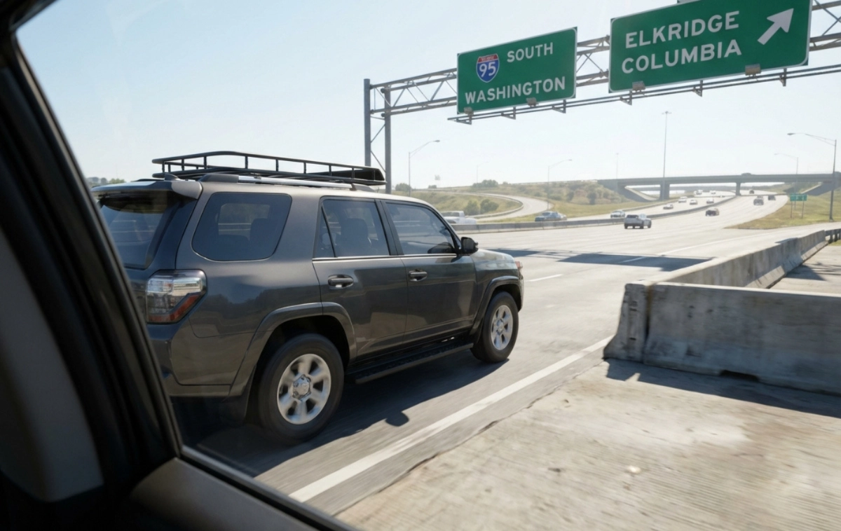 A digital 'Just Arrived' banner on a high-end SUV.