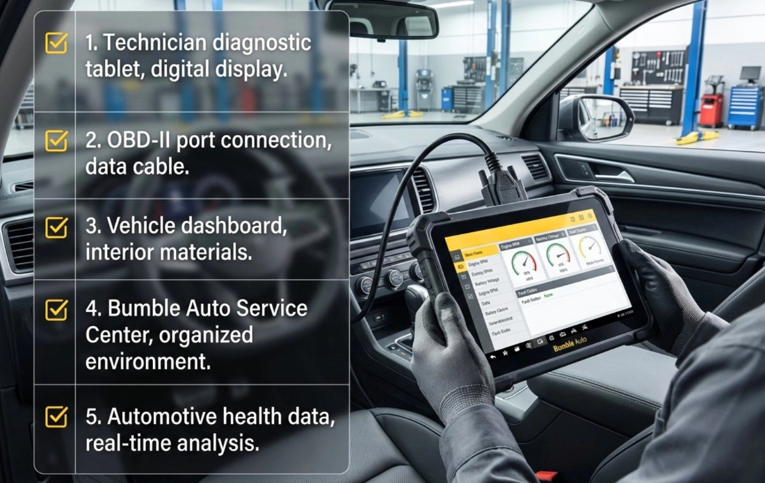 Technician inside car using diagnostic tablet showing real-time vehicle data, modern service center background.