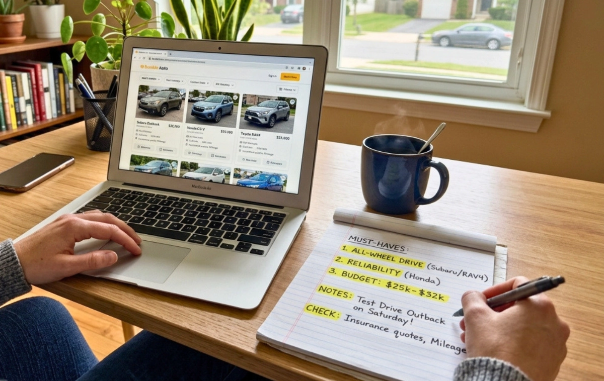 A person sitting at a desk, looking at a laptop with car listings, surrounded by a notepad.