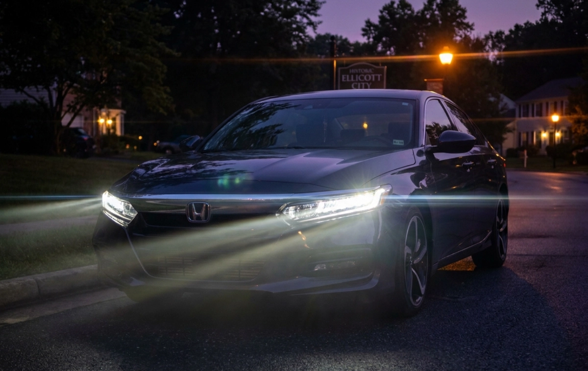 Modern LED car headlights glowing brightly at dusk.