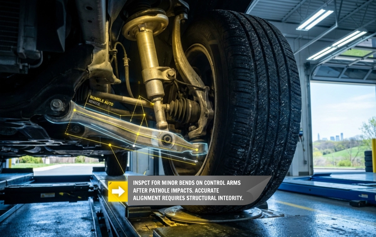 A close-up view of a premium vehicle's front suspension assembly and tire.