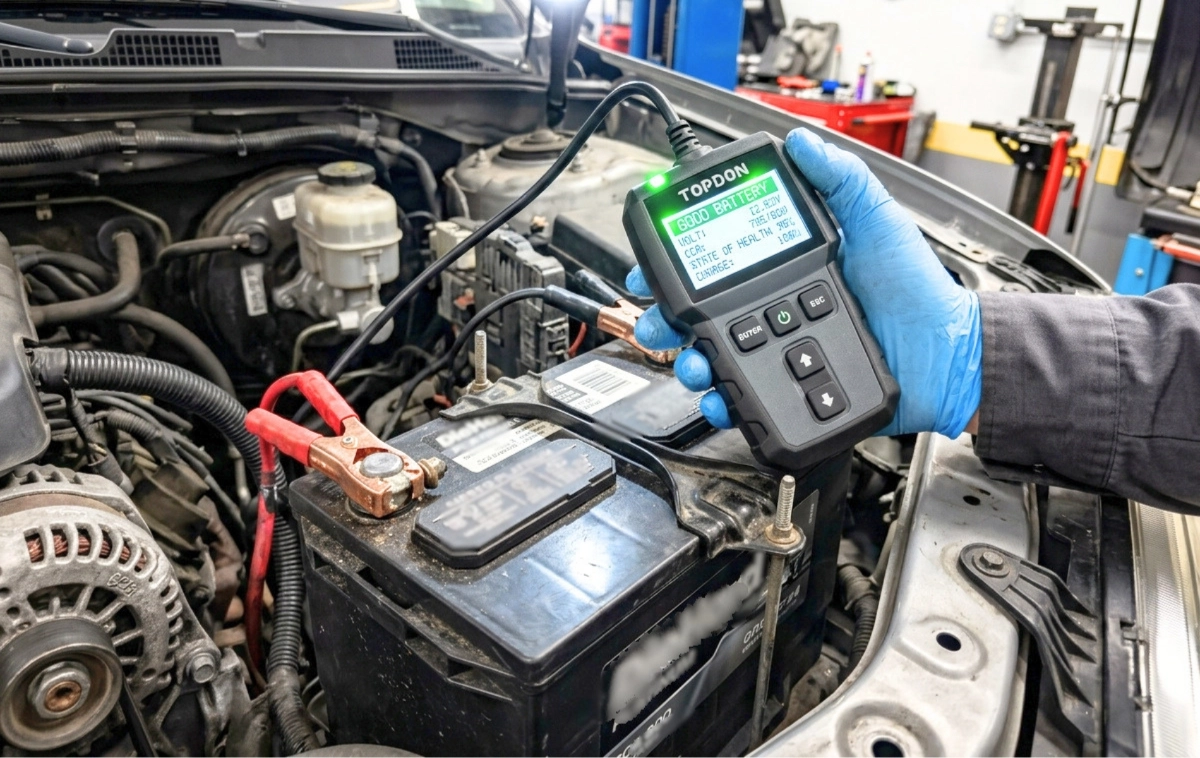 A close-up of a car battery with a mechanic's hand using a battery testing device.