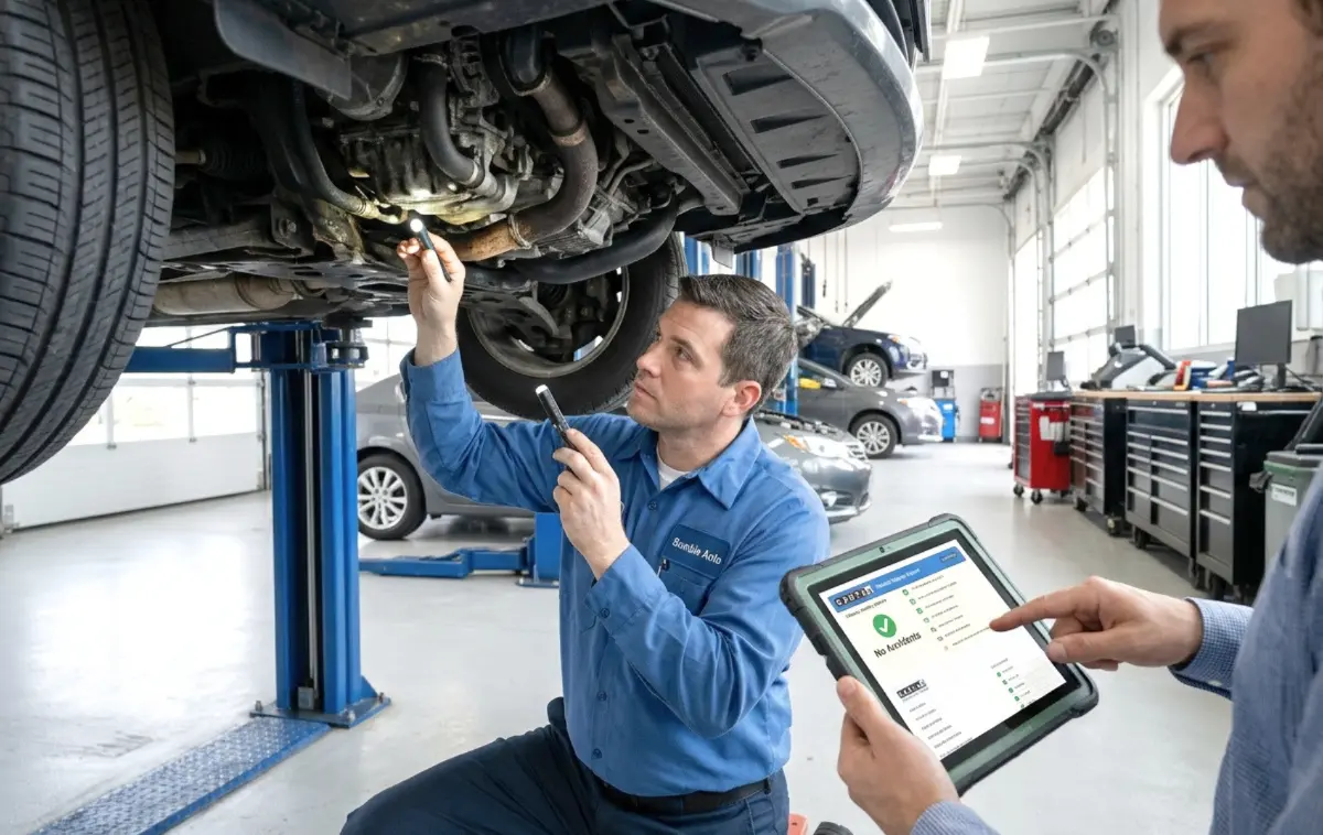 A modern, well-maintained used car undergoing a meticulous inspection by a professional.
