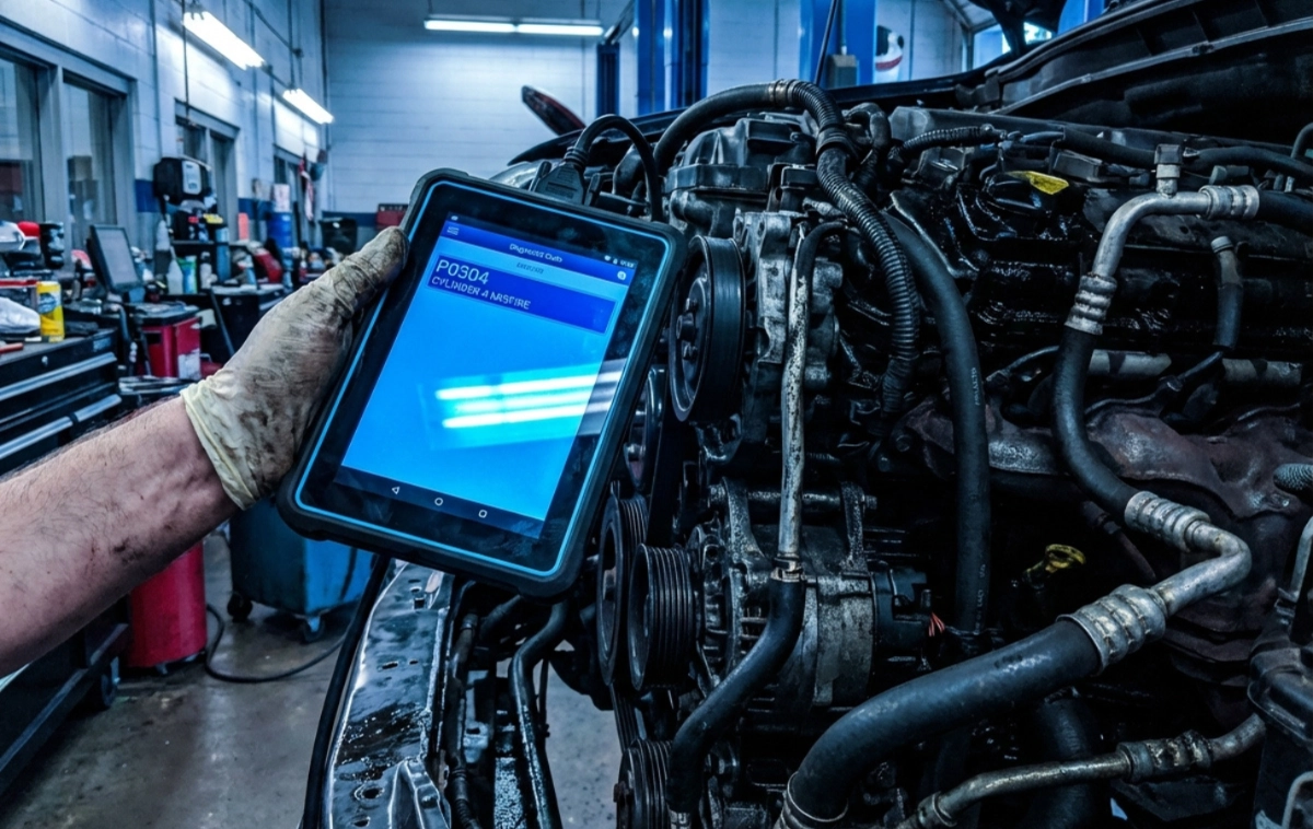 A mechanic’s hand using a digital diagnostic tool on an engine.