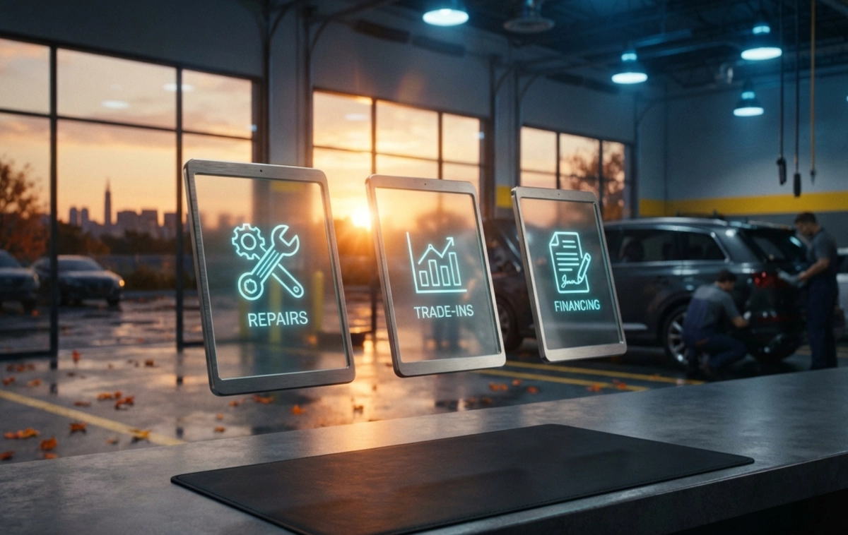 A linear progression of three sleek, semi-transparent glass tablets