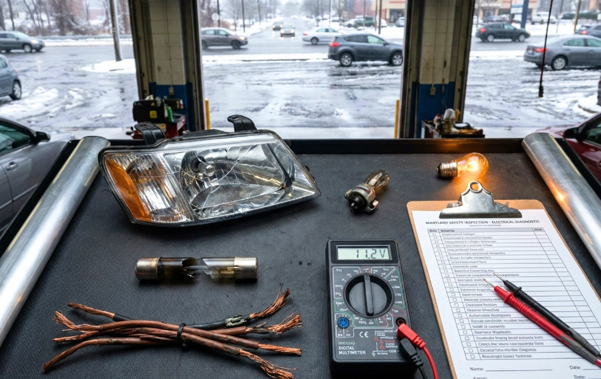 A diagnostic checklist array featuring a cracked halogen headlight housing and a blown glass fuse.