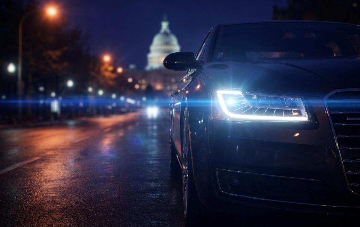 Modern LED headlight illuminating a dark road