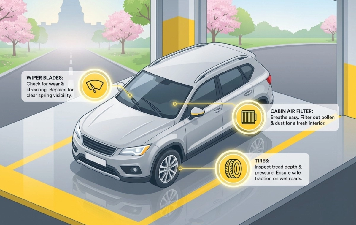 A silver commuter SUV positioned in a service bay, with glowing circular icons representing key spring checkpoints.