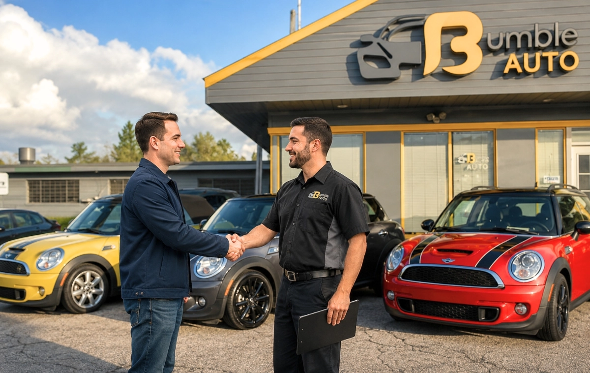 Auto dealership representative shaking hands with a customer outside Bumble Auto near parked cars.