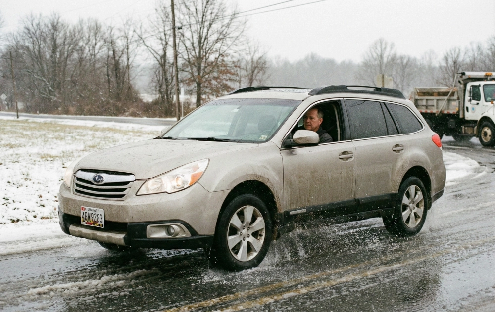 Used car driving confidently through rain or light snow
